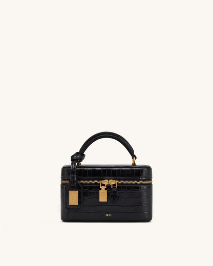 Bolsa Cleo em formato de caixa com alça superior - Croco Preto