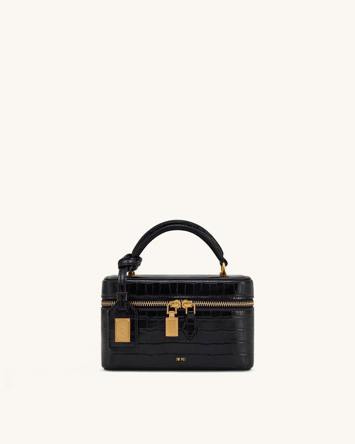 Bolsa Cleo em formato de caixa com alça superior - Croco Preto