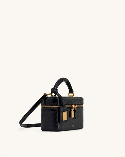 Bolsa Cleo em formato de caixa com alça superior - Croco Preto