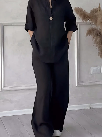 Conjunto Gaby | Linho Premium Manga Comprida + Calça Larga Verão 2025 (CONFORT V10)