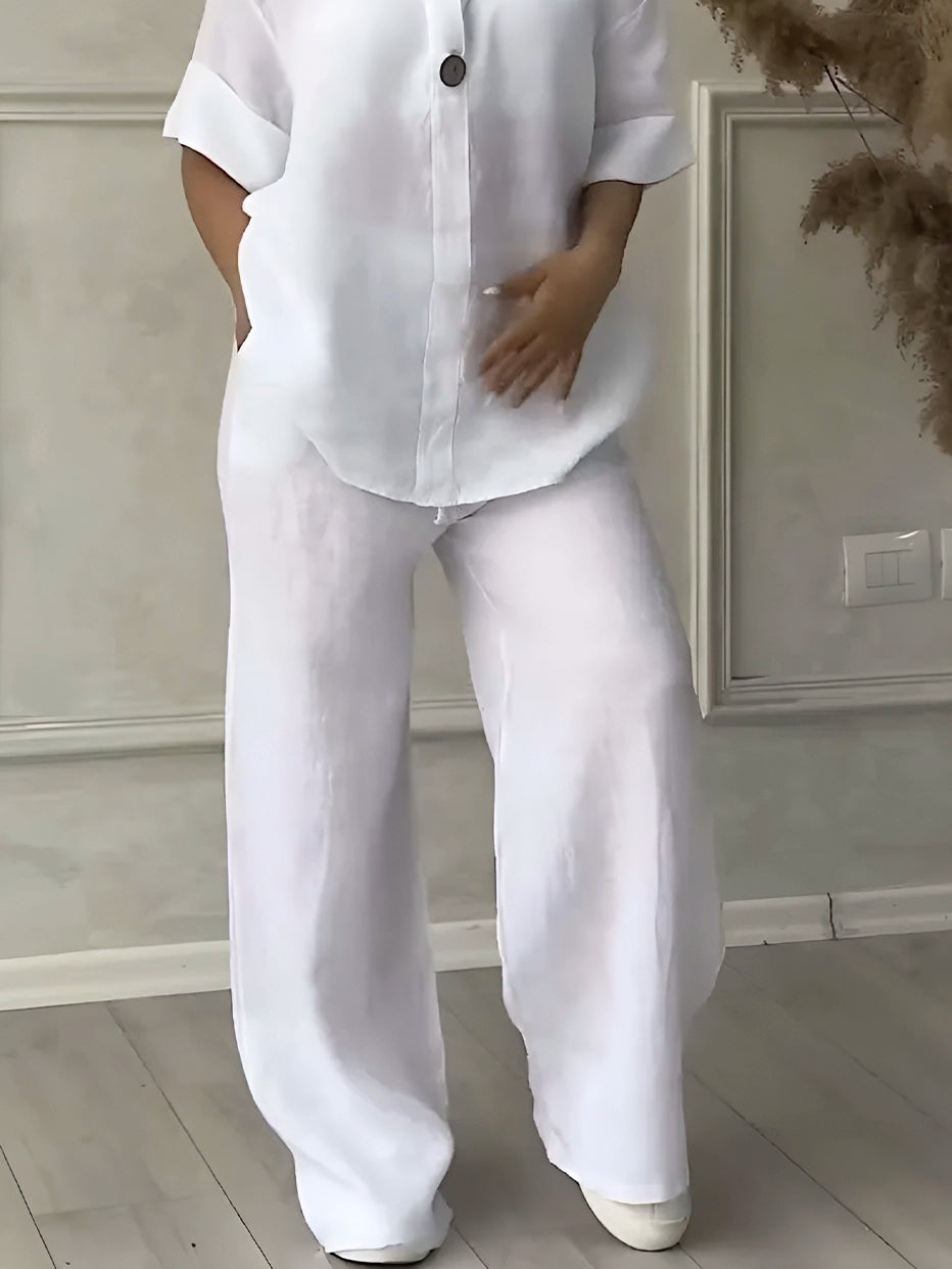 Conjunto Gaby | Linho Premium Manga Comprida + Calça Larga Verão 2025 (CONFORT V10)