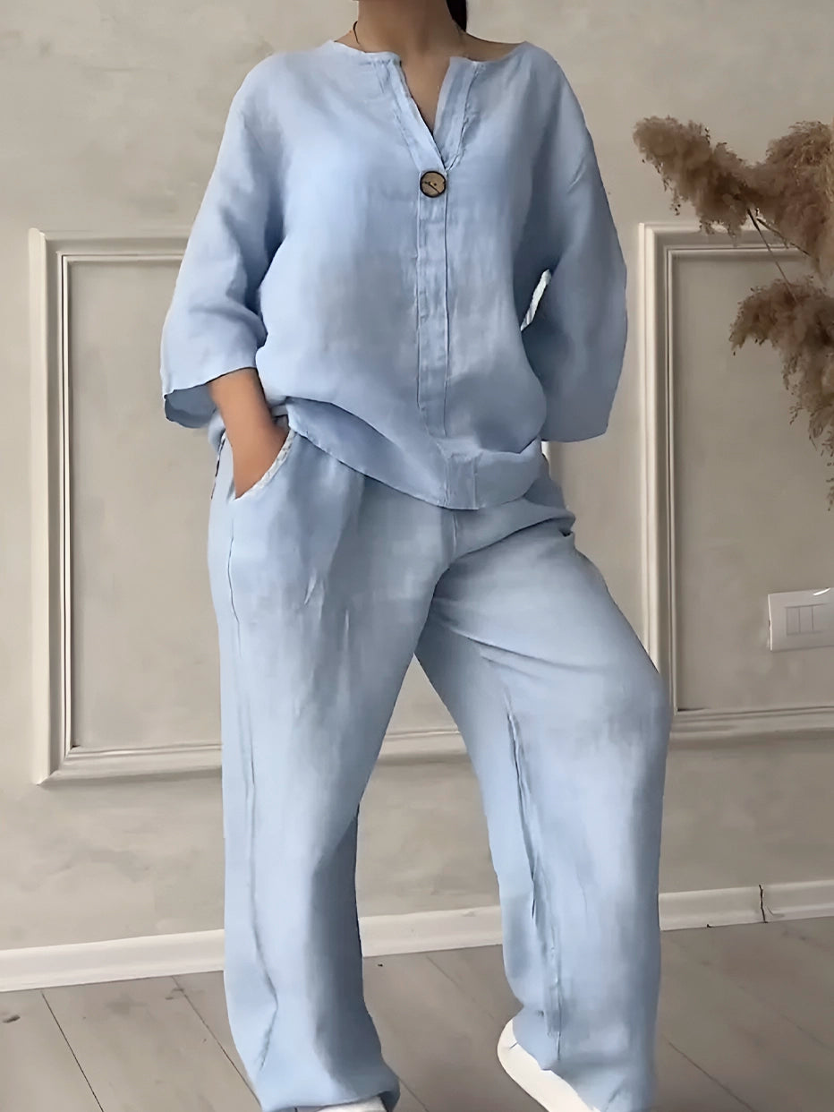 Conjunto Gaby | Linho Premium Manga Comprida + Calça Larga Verão 2025 (CONFORT V10)