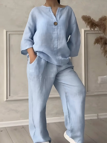Conjunto Gaby | Linho Premium Manga Comprida + Calça Larga Verão 2025 (CONFORT V10)