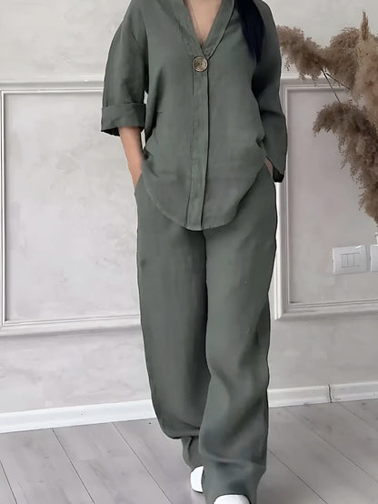 Conjunto Gaby | Linho Premium Manga Comprida + Calça Larga Verão 2025 (CONFORT V10)