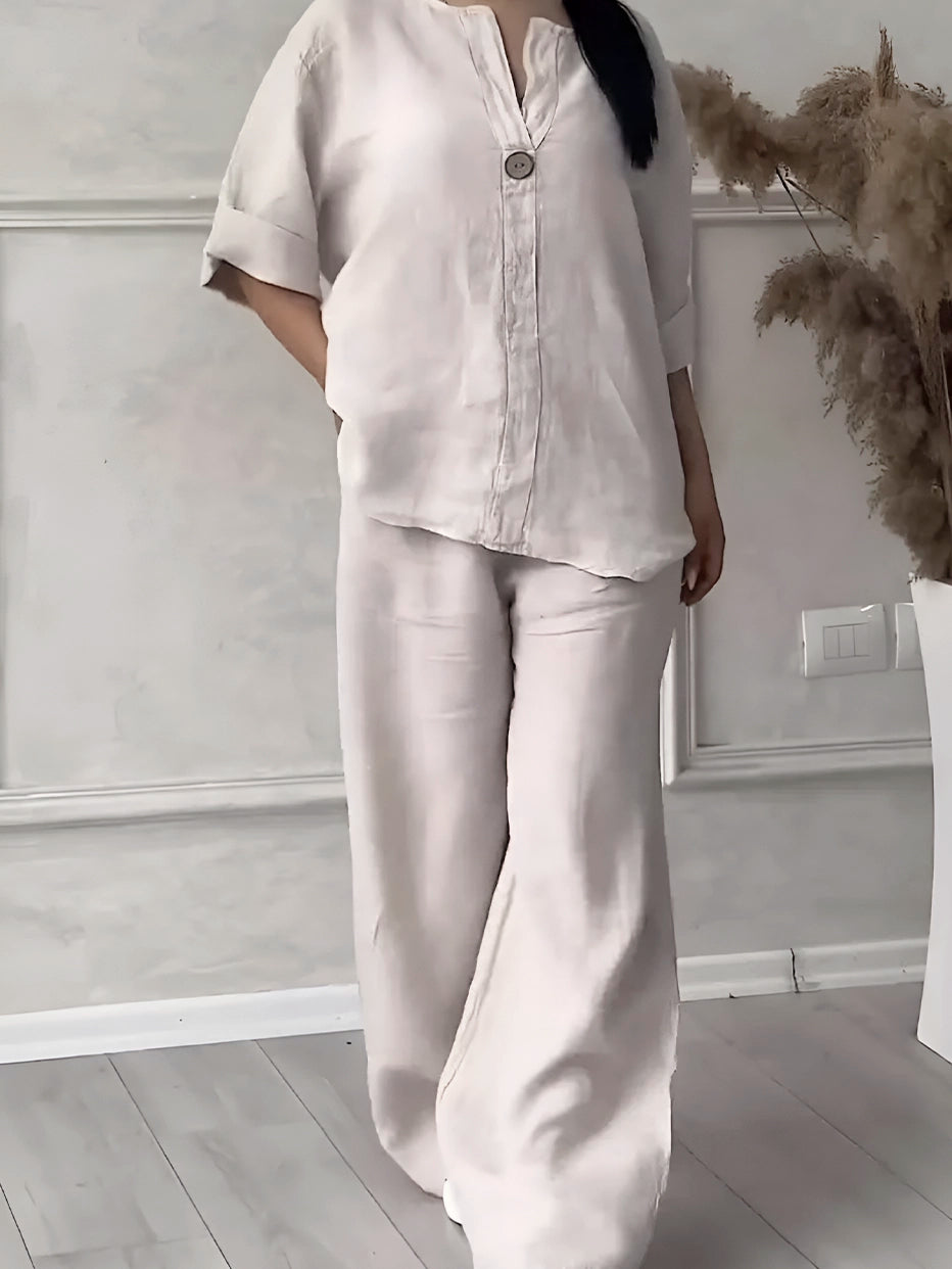 Conjunto Gaby | Linho Premium Manga Comprida + Calça Larga Verão 2025 (CONFORT V10)