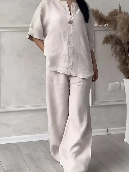 Conjunto Gaby | Linho Premium Manga Comprida + Calça Larga Verão 2025 (CONFORT V10)
