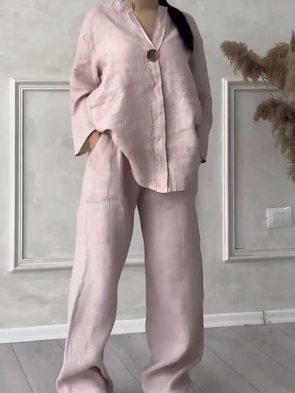 Conjunto Gaby | Linho Premium Manga Comprida + Calça Larga Verão 2025 (CONFORT V10)